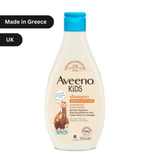 "Aveeno Kids Shampoo 250ml bottle, hypoallergenic formula with soothing oat and shea butter for sensitive scalp and hair in Bangladesh."