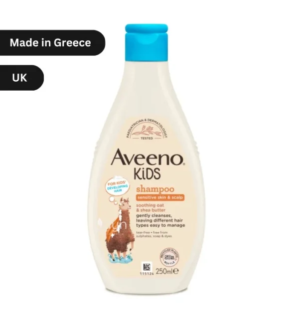 "Aveeno Kids Shampoo 250ml bottle, hypoallergenic formula with soothing oat and shea butter for sensitive scalp and hair in Bangladesh."