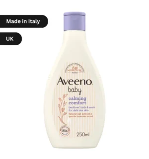 "Aveeno Baby Calming Comfort Bath & Wash 250ml bottle with natural oat extract and lavender, hypoallergenic for delicate baby skin in Bangladesh."