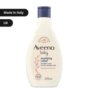"Aveeno Baby Soothing Relief Emollient Wash 250ml bottle with natural oat oil and vitamin E, hypoallergenic for dry, sensitive baby skin in Bangladesh."