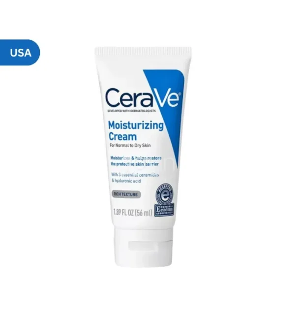 CeraVe Moisturizing Cream tube – Dermatologist-developed formula with 3 essential ceramides for normal to dry skin. Restores and protects the skin barrier. Made in the USA