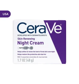 "CeraVe Skin Renewing Night Cream 48g tube, dermatologist-recommended with peptides, ceramides, and niacinamide for overnight skin renewal."