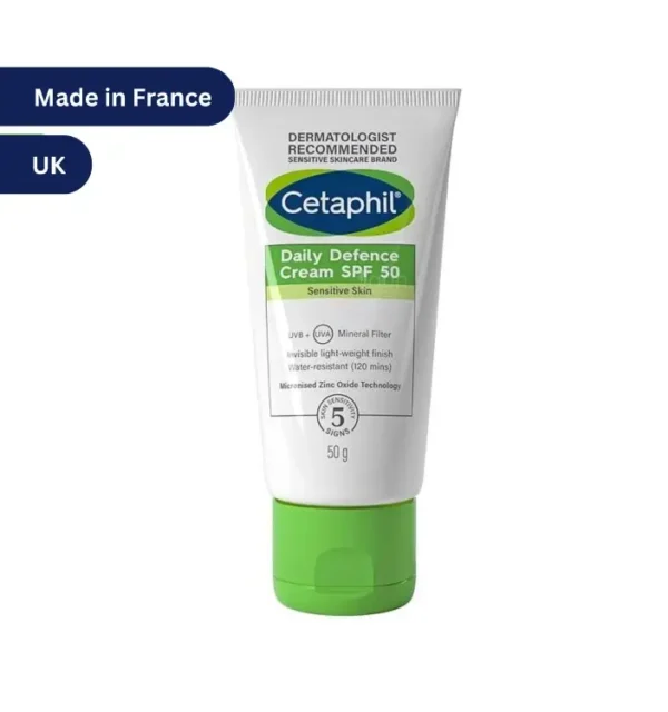 "Cetaphil Daily Defence Cream SPF50 50g tube, dermatologist-recommended mineral sunscreen for sensitive skin with Zinc Oxide and water-resistant protection."