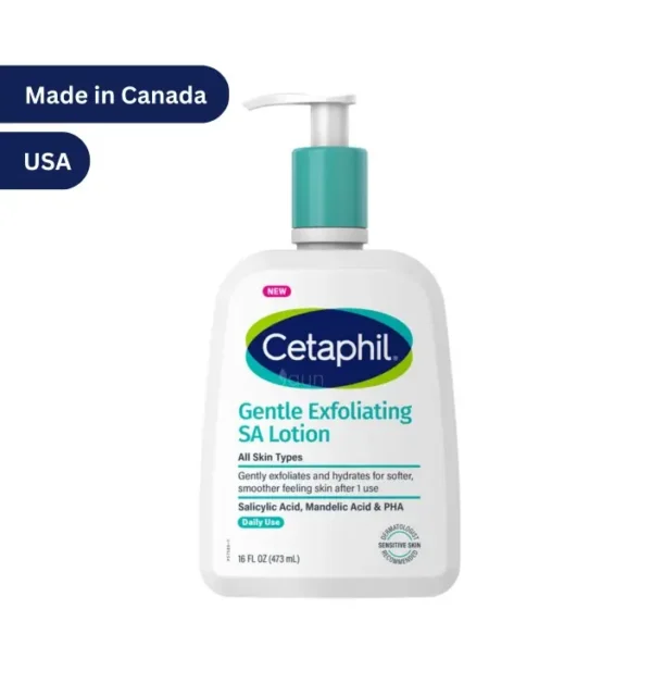 "Cetaphil Gentle Exfoliating SA Lotion 473ml bottle, dermatologist-recommended for all skin types with Salicylic Acid, Mandelic Acid, and PHA."