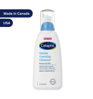 "Cetaphil Gentle Foaming Cleanser 237ml bottle, dermatologist-recommended for normal to dry, sensitive skin with Glycerin and Vitamins B5 & E."