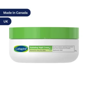 "Cetaphil Hydrating Night Cream 48g tube, dermatologist-recommended for dry skin with Hyaluronic Acid and 24-hour hydration."
