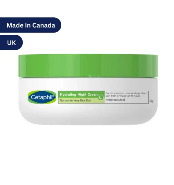 "Cetaphil Hydrating Night Cream 48g tube, dermatologist-recommended for dry skin with Hyaluronic Acid and 24-hour hydration."