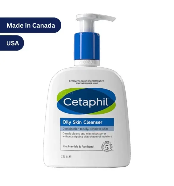 "Cetaphil Oily Skin Cleanser 236ml bottle, dermatologist-recommended for oily and sensitive skin, with Niacinamide and Panthenol."