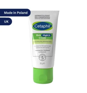 "Cetaphil Rich Night Cream 50g tube, dermatologist-recommended for dry to very dry sensitive skin, with 48-hour hydration."