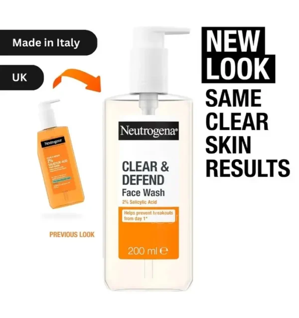 "Neutrogena Clear & Defend Face Wash 200ml with 2% Salicylic Acid, an oil-free cleanser for acne-prone skin, now available in Bangladesh."
