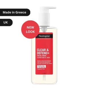 "Neutrogena Clear & Defend+ Facial Wash 200ml bottle with Salicylic Acid & AHA/PHA for acne-prone skin, made in Greece, now available in Bangladesh."