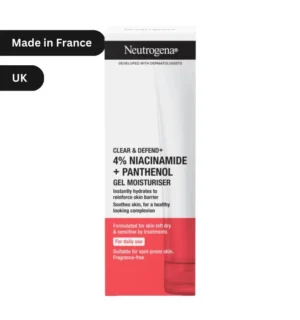 "Neutrogena Clear & Defend+ Gel Moisturiser 50ml bottle, 4% Niacinamide + Panthenol formula for sensitive, spot-prone skin in Bangladesh’s humid climate."