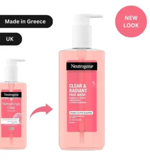 "Neutrogena Clear & Radiant Face Wash with Vitamin C and Pink Grapefruit, new look packaging, made in Greece, oil-free formula for normal skin"