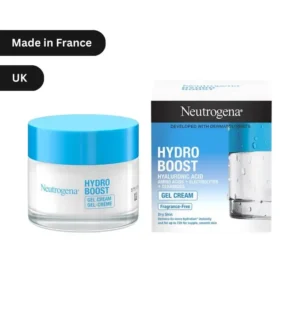 "Neutrogena Hydro Boost Gel Cream with hyaluronic acid moisturizer for dry skin, 50ml jar with blue lid, made in France"