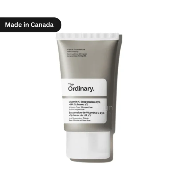 The Ordinary Vitamin C 23% + HA Suspension 30ml bottle, brightening serum for dark spots and hydration in Bangladesh’s humid climate.