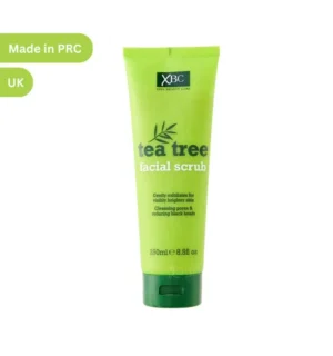 XBC Tea Tree Facial Scrub bottle, a gentle exfoliator for brighter skin and clean pores, infused with tea tree extract