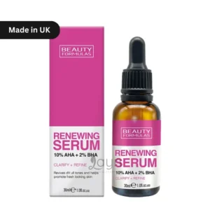 Beauty Formulas 10% AHA + 2% BHA Renewing Serum 30ml – UK-made exfoliating face serum for smooth, radiant skin. Targets acne scars, dullness, and clogged pores