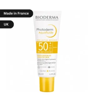 "Bioderma Photoderm Aquafluide SPF50+ Sunscreen 40ml tube – French dermatological sunscreen for sensitive, acne-prone skin. Ultra-light, dry-touch formula for humid climates."