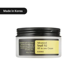 "COSRX Advanced Snail 92 All In One Cream 100ml jar – Korean skincare with 92% snail mucin for glowing, hydrated skin. Vegan, cruelty-free formula in minimalist packaging."