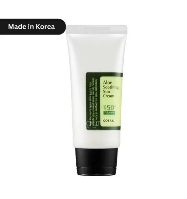 "COSRX Aloe Soothing Sun Cream SPF 50+ PA+++ 50ml tube – Korean sunscreen with aloe vera for deep hydration & sun protection in Bangladesh’s hot, humid climate."