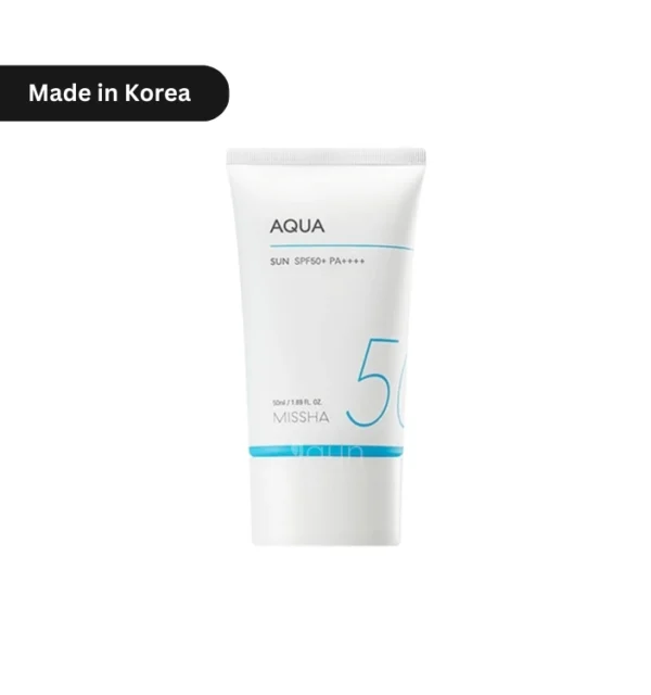 "MISSHA Aqua Sun Gel SPF50+ PA++++ 50ml tube – Korean sunscreen with cooling aqua texture for humid weather. Ideal for Bangladesh’s monsoon heat and sensitive skin."