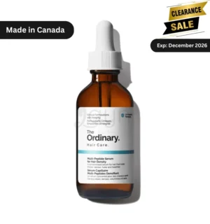The image features The Ordinary’s signature minimalist white dropper bottle labeled “Multi-Peptide Serum for Hair Density 60ML.” A close-up shows the clear, lightweight serum texture. The background contrasts a “Before” image of thinning hair with an “After” of voluminous strands. A “Vegan & Cruelty-Free” badge and “Clinically Studied” tagline reinforce credibility. The Ordinary Hair Serum Price in bangladesh, Ordinary Hair Serum Price