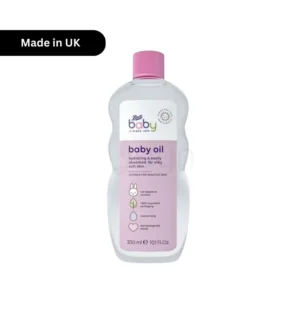 Boots Baby Oil 300ml bottle with pink cap and pink-white label, Made in UK.