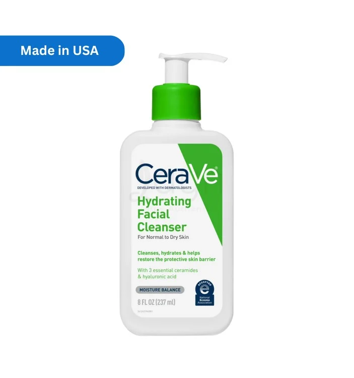 CeraVe Hydrating Facial Cleanser 237ml – Made in USA – For Normal to Dry Skin