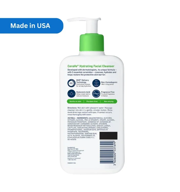 CeraVe Hydrating Facial Cleanser 355ml – Made in USA – For Normal to Dry Skin