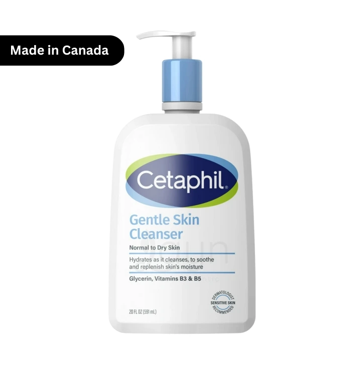 Cetaphil Gentle Skin Cleanser 591ml bottle made in Canada with pump dispenser