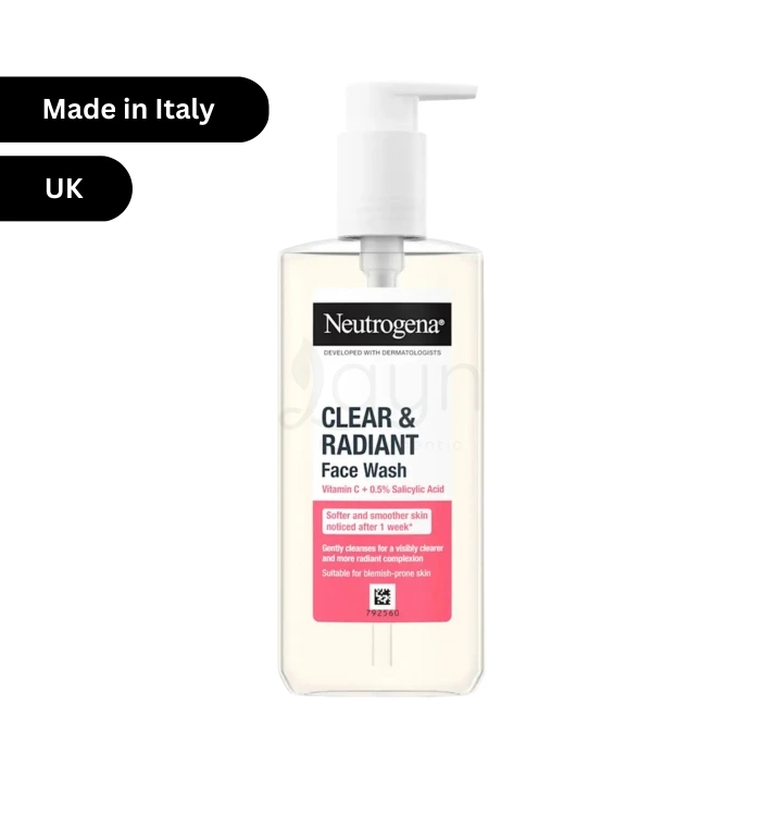 Neutrogena Clear & Radiant Face Wash with Vitamin C and 0.5% Salicylic Acid – Made in Italy, Imported from UK – New Formula