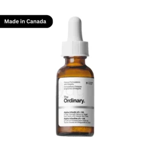 Amber glass dropper bottle of The Ordinary Alpha Arbutin 2% + HA serum labeled “Made in Canada