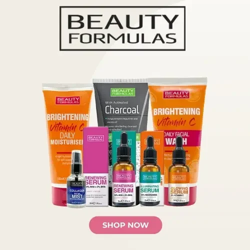Beauty Formulas skincare products including Vitamin C moisturiser, facial wash, serums, charcoal wash, and collagen mist